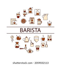 Barista and coffee accessories circle layout with flat icons and text. Cafe equipment. Isolated vector illustration