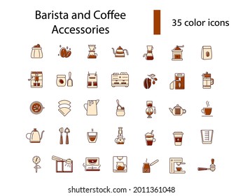 Barista and coffee accessories flat icons set. Coffee shop professional tools. Coffee beans. Professional plunger for espresso making. Color filled symbols collection. Isolated vector illustration