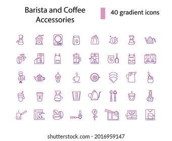 Barista and coffee accessories line icons set. Coffee shop equipment. Gradient symbols collection. Isolated vector stock illustration
