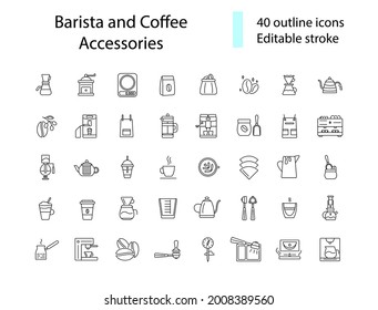 Barista and coffee accessories outline icons set. Coffee and barista equipment. Espresso making. Customizable linear contour symbols collection. Editable stroke. Isolated vector stock illustration