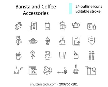 Barista and coffee accessories outline icons set. Coffee shop tools. Editable stroke. Isolated vector illustration