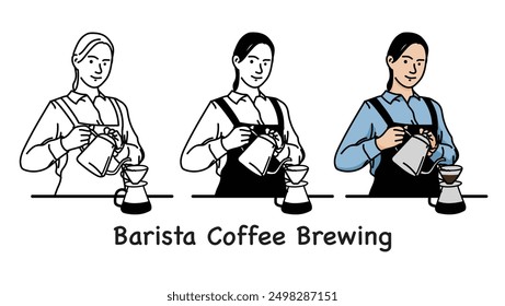 Barista Coffee Brewing Women Barista Manual Brew Vector with outline Black and White and Color Illustration