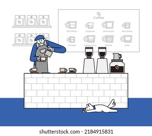 Barista at the Coffee Counter Hand Drawn Character Illustration