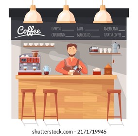 Barista at coffee counter. Owner worker cafe shop pouring latte cup, espresso maker machine high quality, small business bar restaurant hipster lifestyle neat vector illustration. Barista worker drink