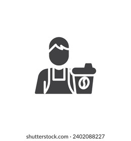 Barista con icono vector de taza de café. signo plano relleno para concepto móvil y diseño web. Icono de glifo de avatar de Barista. Símbolo, ilustración del logotipo. Gráficos vectoriales