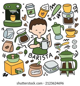 Barista and Coffee Equipment in Doodle Style Vector Illustration