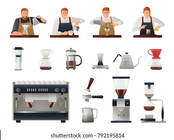 Barista and coffee equipment gradient set with coffee beans flat isolated vector illustration