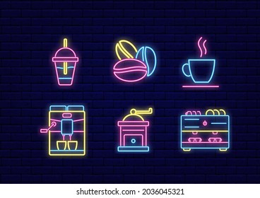 Barista coffee equipment neon light icon set. Barista machine and manual grinder. Beans and cup. Outer glowing effect. Editable stroke. Vector illustration