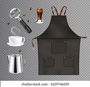 Barista coffee equipment realistic transparent set with isolated images of dickey kettles and cups with beans vector illustration