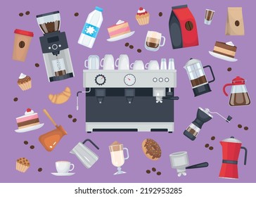 Barista coffee equipment set with flat isolated images of coffee making apparatus cookware and food products vector illustration