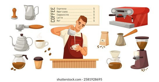 Barista and coffee equipment set in vector illustration. Vector illustration