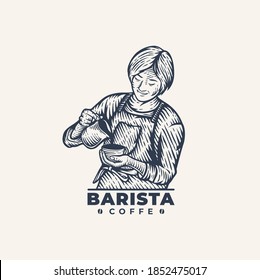 Barista Coffee Handrawn Logo - Coffee Vintage Logo Vector Illustration