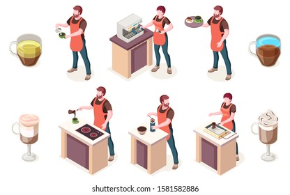 Barista and coffee house, isometric vector elements of cafe or coffeeshop. Man barista preparing coffee in machine, espresso, latte or cappuccino and americano drink, serving on tray