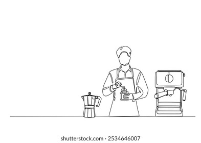 Barista and coffee machine continuous one line drawing. Barista preparing cofffee in single line art illustration. Editable vector.  