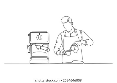 Barista and coffee machine continuous one line drawing. Barista preparing cofffee in single line art illustration. Editable vector.  