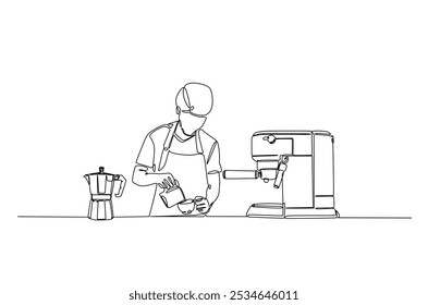 Barista and coffee machine continuous one line drawing. Barista preparing cofffee in single line art illustration. Editable vector.  