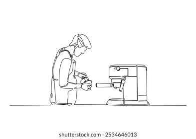 Barista and coffee machine continuous one line drawing. Barista preparing cofffee in single line art illustration. Editable vector.  