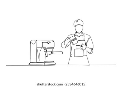 Barista and coffee machine continuous one line drawing. Barista preparing cofffee in single line art illustration. Editable vector.  