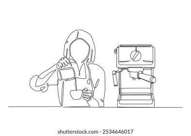 Barista and coffee machine continuous one line drawing. Barista preparing cofffee in single line art illustration. Editable vector.  