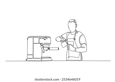 Barista and coffee machine continuous one line drawing. Barista preparing cofffee in single line art illustration. Editable vector.  