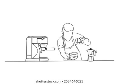 Barista and coffee machine continuous one line drawing. Barista preparing cofffee in single line art illustration. Editable vector.  