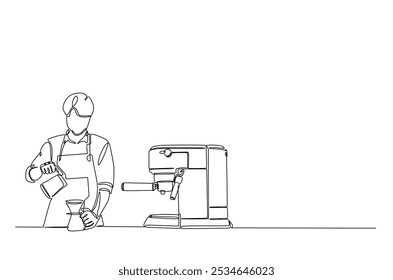 Barista and coffee machine continuous one line drawing. Barista preparing cofffee in single line art illustration. Editable vector.  