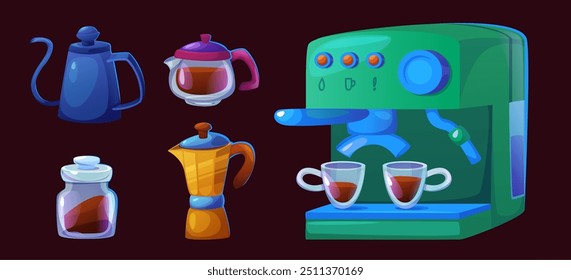 Conjunto de máquina de café barista para loja ou vetor de café. Método manual, chaleira e equipamentos alternativos para cozinha na coleção de objetos de jogo de cafeteria. Clipart de café para café expresso matinal ou filtro