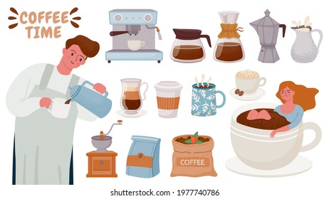 Barista and coffee maker. Tools for brewing cappuccino, espresso, cream, cups with hot breakfast drink. Coffee machine and pots vector set. Illustration cafe of cup, drink coffee