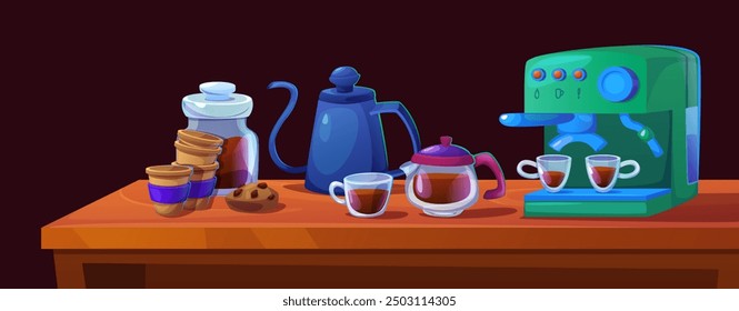 Barista coffee making setup with utensil and equipment on wooden table surface - espresso machine, hot drink in kettle and cups, glass container with ground beans, paper takeaway mug and cookie.