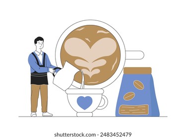 Barista with coffee. Man with Americano, cappuccino or latte. Beverage and aroma. Cafeteria worker. Young guy prepares coffee or tea with milk. Linear vector illustration