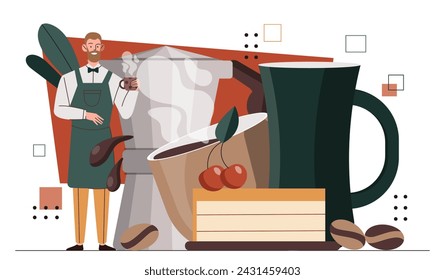 Barista with coffee. Man in apron with hot drinks in mug. Cafe or coffee shop worker with beverage. Americano, cappuccino and espresso. Cartoon flat vector illustration isolated on white background