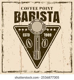 Barista café ponto colorido vetor vintage emblema, distintivo, rótulo. Ilustração no plano de fundo com texturas grunge e ilustração de vetor de quadro