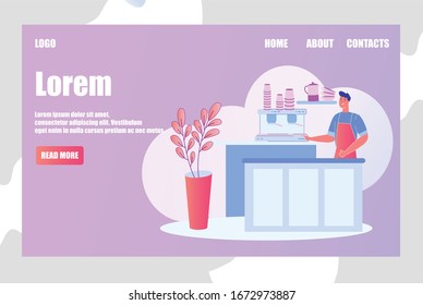 Barista in Coffee Shop, Bar Owner stands at Counter with Tools and Utensils for Preparing Tasty Restaurant Quality Coffee. Man Character in High-tech Cafe Interior with Equipment Vector Illustration.