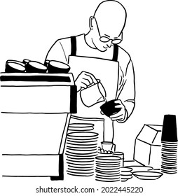 Barista coffee shop Cafe restaurant staff Prepare Latte art Hand drawn line art illustration vector