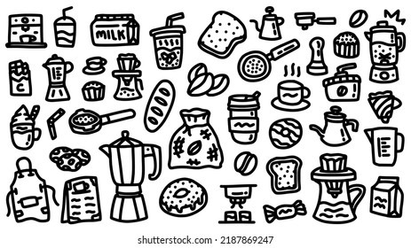 barista and coffee shop equipment icon set hand drawn doodle outline vector template illustration collection for coffee shop