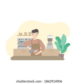 Barista , Coffee Shop , Latte Art .Young Barista Man Making Latte Art With Coffee.smile Barista In Coffee Shop Live  On Social Media.online Learning Barista Course.flat Character Design.