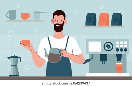 Barista at coffee shop. Man prepares coffee, hot drinks. Bartender in small cafe or restaurant, business owner. Waiter or seller welcoming visitors, shop counter. Cartoon flat vector illustration