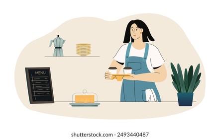 Barista in coffee shop service landing page with advertising best hot aroma coffee drink in takeaway cup. Happy smiling young woman barista with cappuccino or espresso cups. Vector illustration.