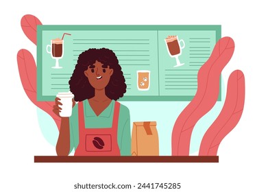 Barista in coffee shop. Woman with cup of hot drinks. Espresso and cappuccino, americano. Cafe or restaurant worker. Small business owner. Cartoon flat vector illustration isolated on white background