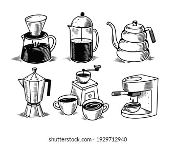 Barista Coffee Tools Set Sketch Style Doodles Grunge Background