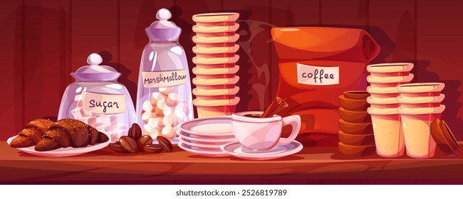 Barista and coffeeshop cartoon vector composition with coffee beans and package, croissant and hot espresso or americano in cup with steam, marshmallow and sugar cube in glass jar, paper cups on shelf