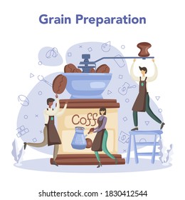 Barista concept. Bartender grinding coffe grain. Energetic tasty beverage for breakfast with milk. Americano and cappuccino, espresso and mocha. Vector illustration in cartoon style