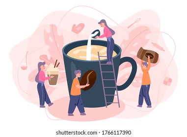 Barista concept. Bartender making a cup of hot coffe. Energetic tasty beverage for breakfast with milk. Americano and cappuccino, espresso and mocha. Vector illustration in cartoon style