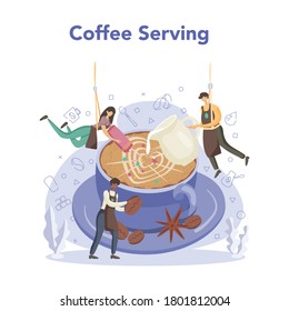 Barista concept. Bartender making a cup of hot coffe. Energetic tasty beverage for breakfast with milk. Americano and cappuccino, espresso and mocha. Vector illustration in cartoon style