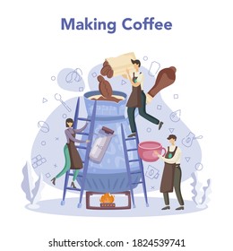 Barista concept. Bartender making a cup of hot coffe. Energetic tasty beverage for breakfast with milk. Americano and cappuccino, espresso and mocha. Vector illustration in cartoon style