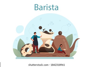 Barista concept. Bartender making a cup of hot coffe. Energetic tasty beverage for breakfast with milk. Americano and cappuccino, espresso and mocha. Vector illustration in cartoon style