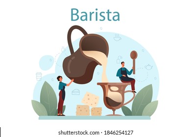 Barista concept. Bartender making a cup of hot coffe. Energetic tasty beverage for breakfast with milk. Americano and cappuccino, espresso and mocha. Vector illustration in cartoon style