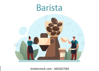 Barista concept. Bartender making a cup of hot coffe. Energetic tasty beverage for breakfast with milk. Americano and cappuccino, espresso and mocha. Vector illustration in cartoon style