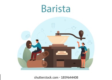 Barista concept. Bartender making a cup of hot coffe. Energetic tasty beverage for breakfast with milk. Americano and cappuccino, espresso and mocha. Vector illustration in cartoon style