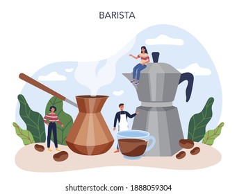 Barista concept. Bartender making a cup of hot coffe. Energetic tasty beverage for breakfast with milk. Americano and cappuccino, espresso and mocha. Vector illustration in cartoon style